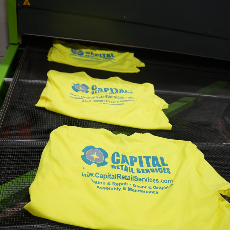 Service crew tees, four-color back print, off the dryer