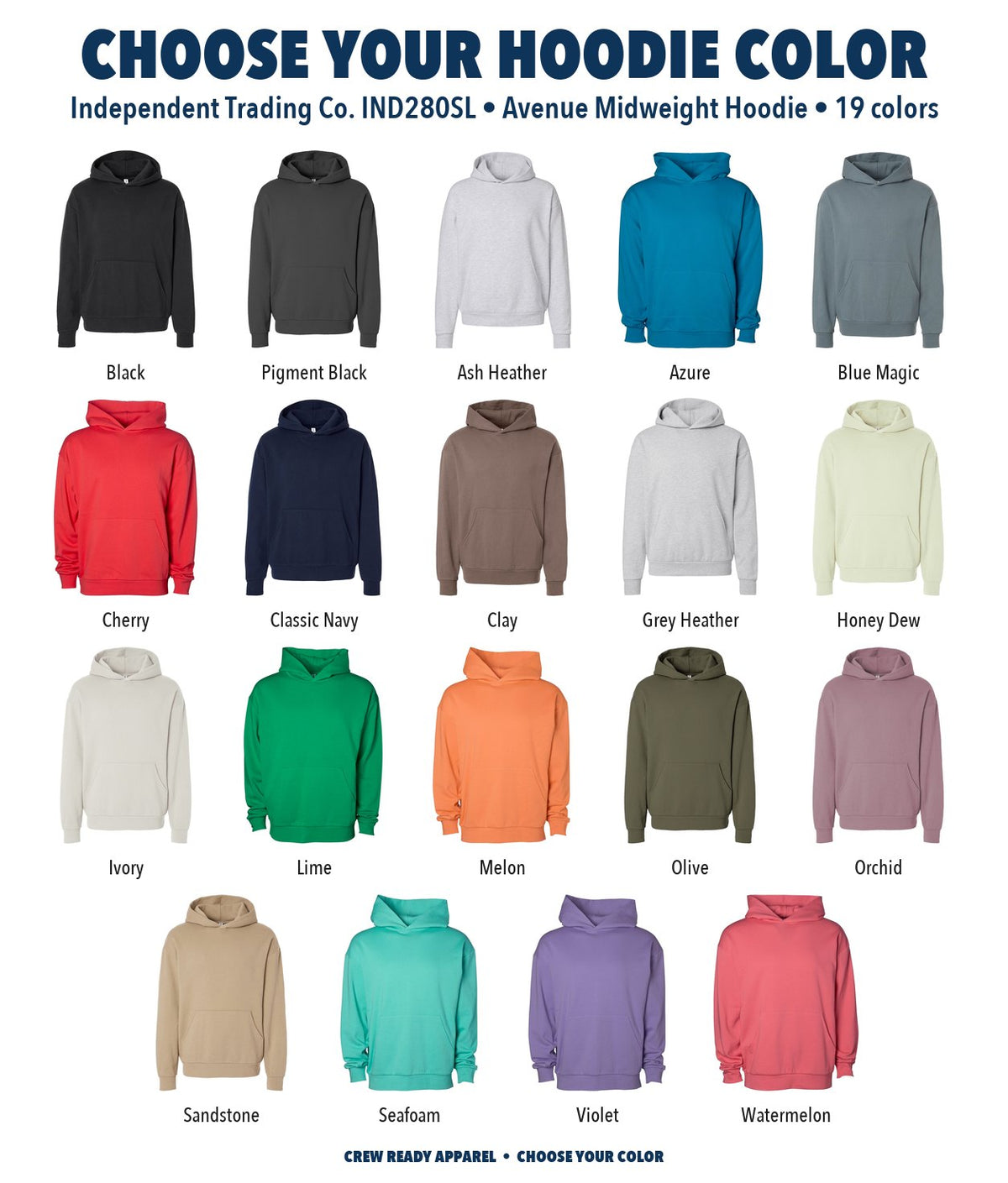 Independent Trading Co. Avenue Midweight Hoodie color chart
