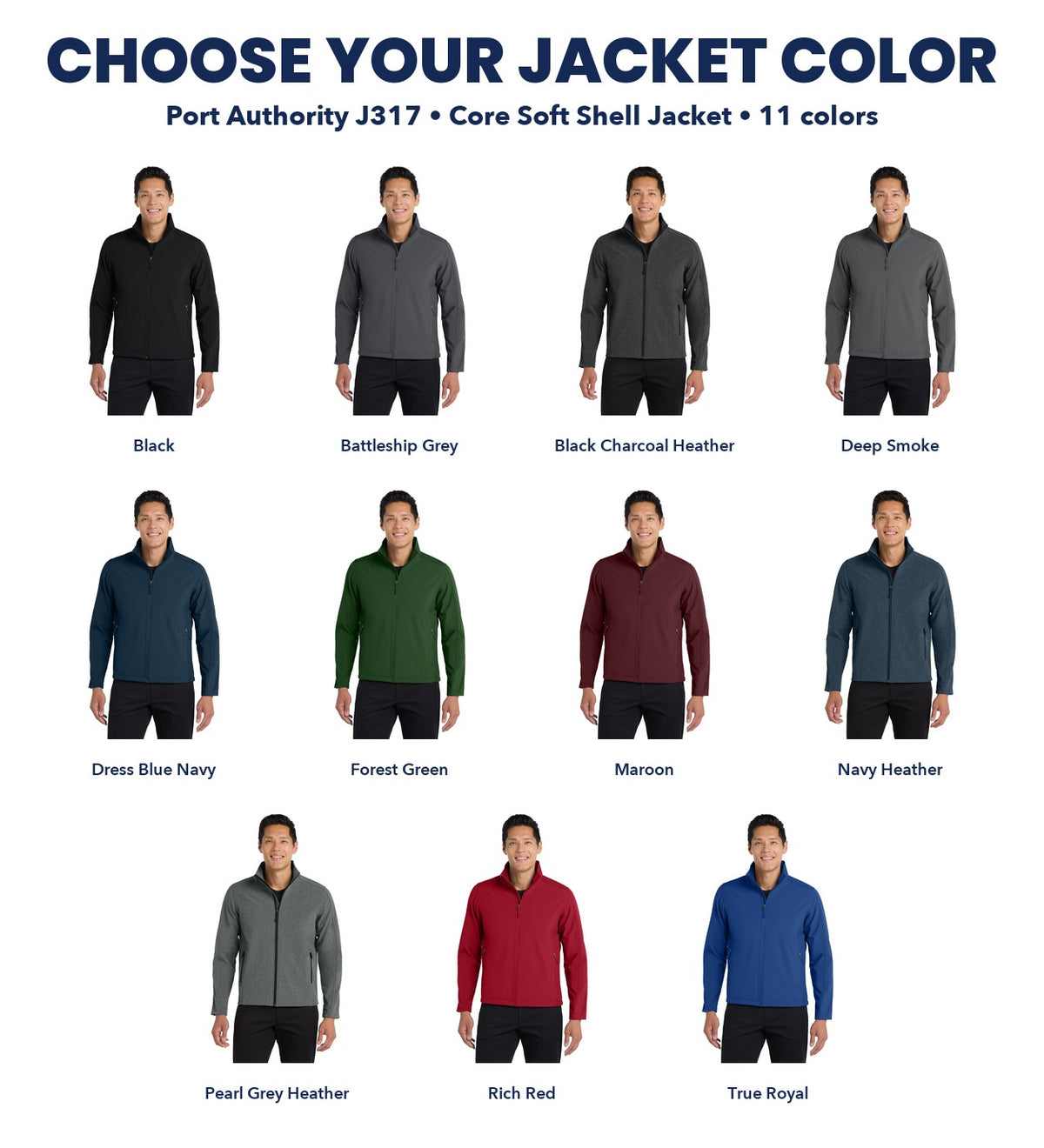 Port Authority J317 Core Soft Shell Jacket color chart, eleven colors