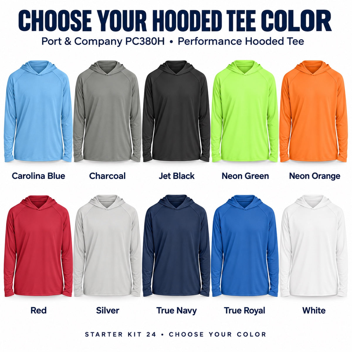 Port and Company PC380H lightweight performance hooded tee color guide showing all 10 selectable Starter Kit 24 colors, with each shirt and color name.