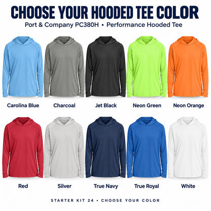 Port and Company PC380H lightweight performance hooded tee color guide showing all 10 selectable Starter Kit 24 colors, with each shirt and color name.