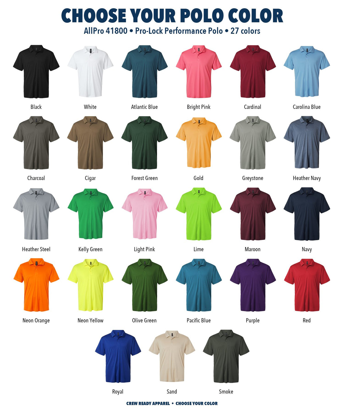 AllPro Pro-Lock Performance Polo color chart