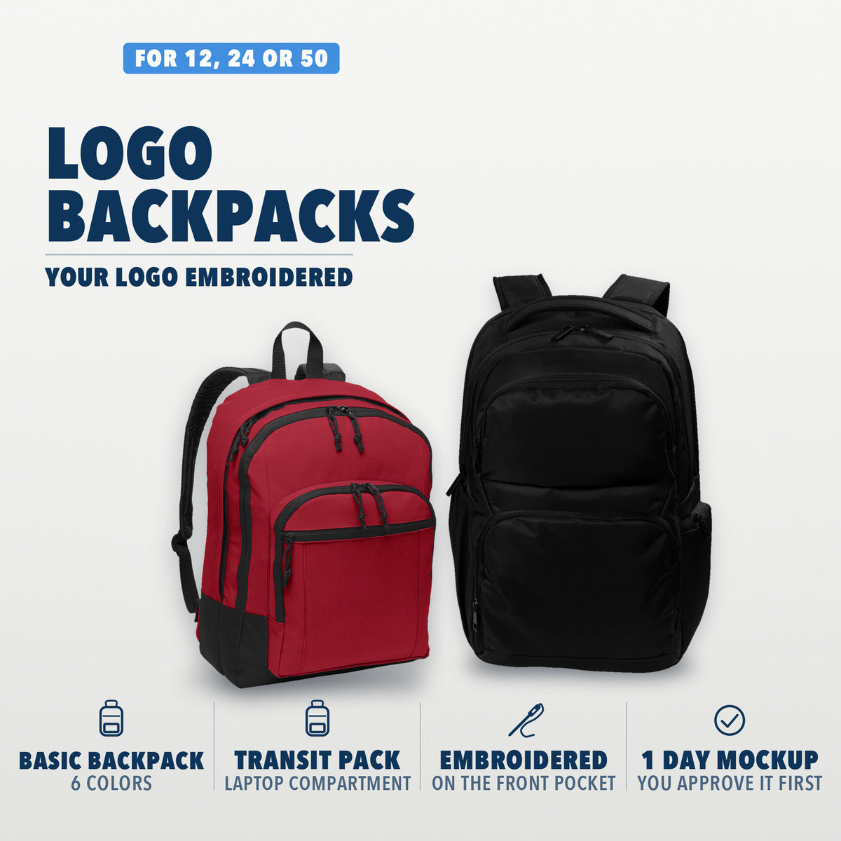Logo Backpacks gift kit: Port Authority backpacks with your logo embroidered on the front pocket