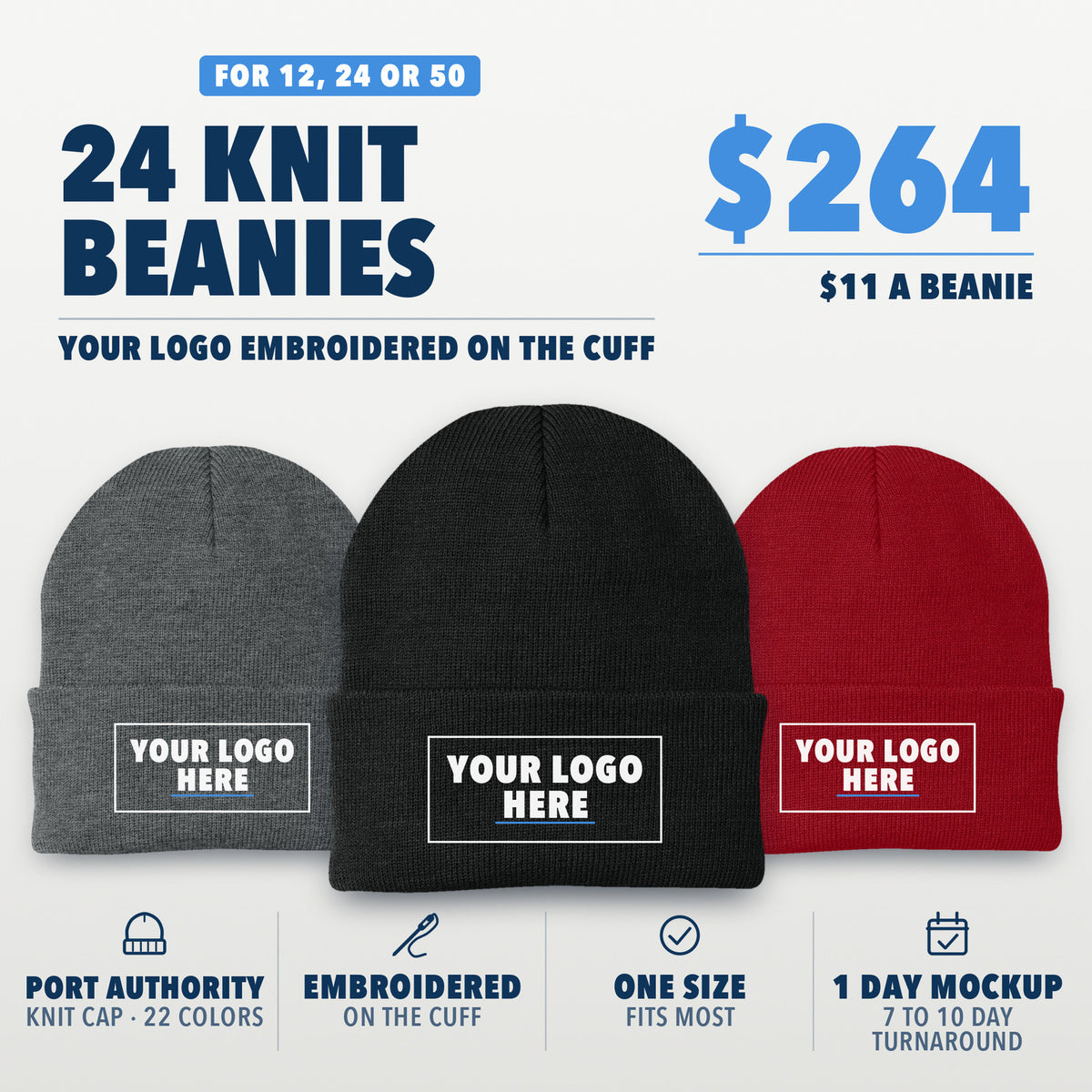 Beanie Kit: 12, 24 or 50 Port Authority Knit Caps with your logo embroidered on the cuff