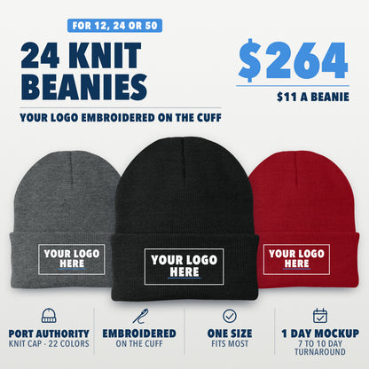 Beanie Kit: 12, 24 or 50 Port Authority Knit Caps with your logo embroidered on the cuff