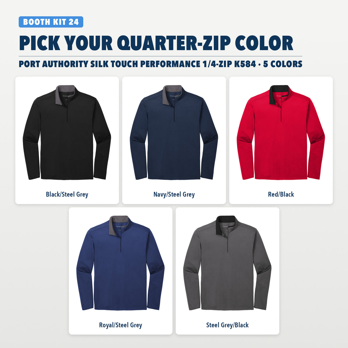 Port Authority K584 quarter-zip color guide, 5 colors: Black/Steel Grey, Navy/Steel Grey, Red/Black, Royal/Steel Grey and Steel Grey/Black