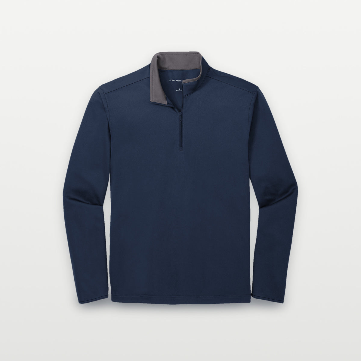 Front of a plain navy and steel grey Port Authority Silk Touch Performance quarter-zip K584