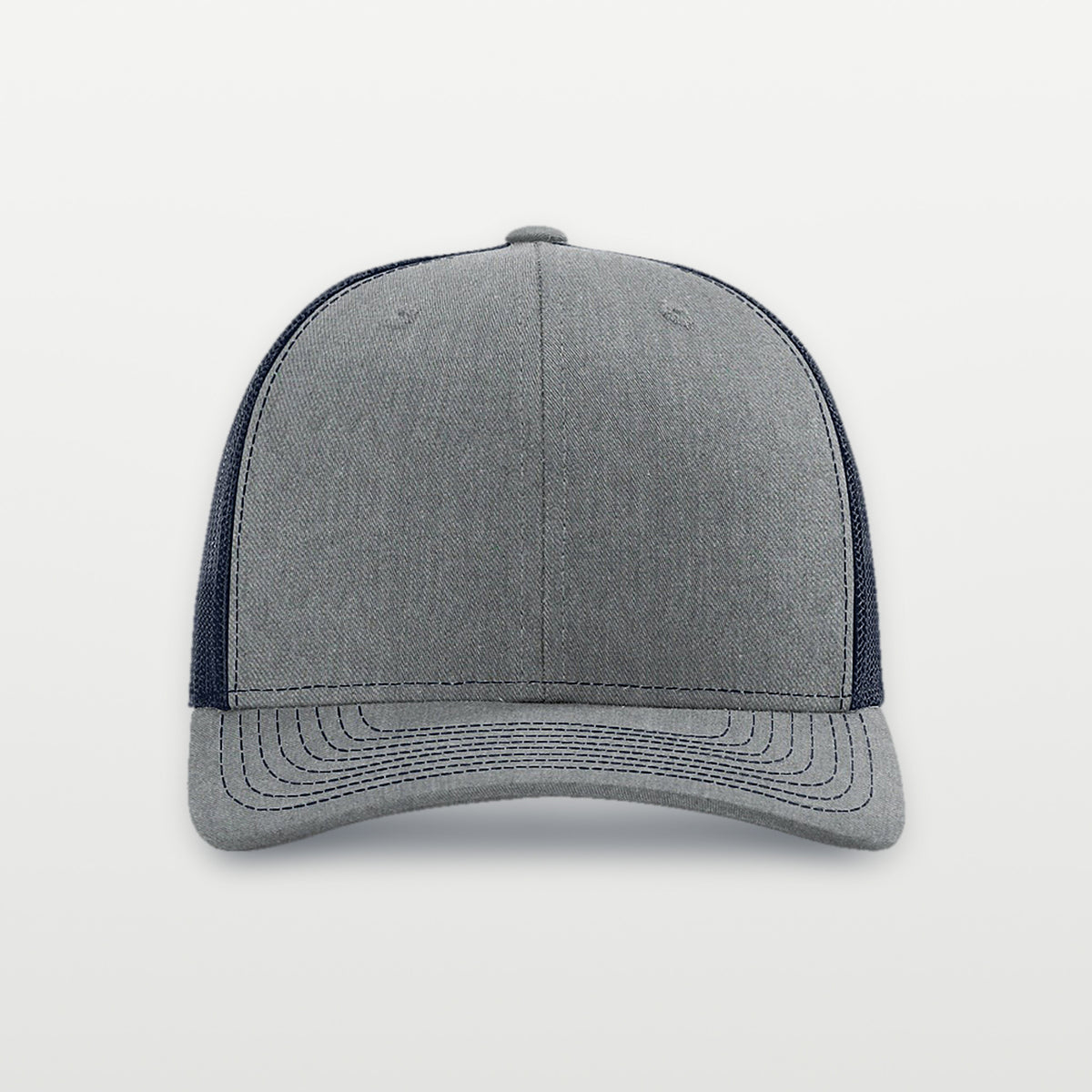 Front of a plain heather grey and navy Richardson 112 trucker hat