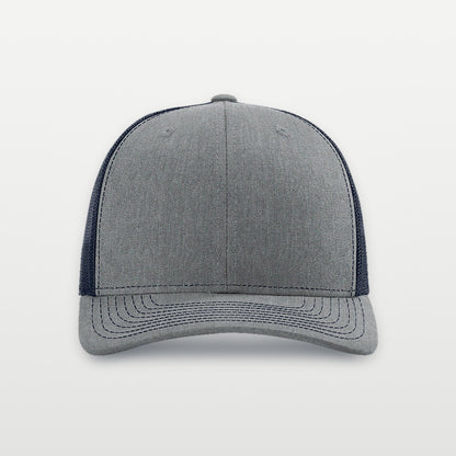 Front of a plain heather grey and navy Richardson 112 trucker hat