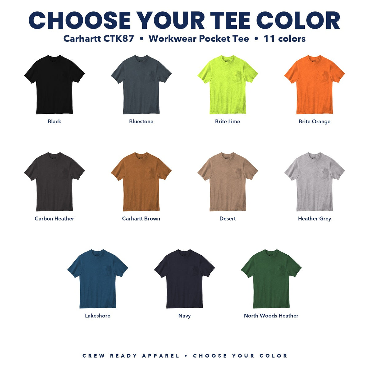 Carhartt CTK87 color guide showing all 11 colors