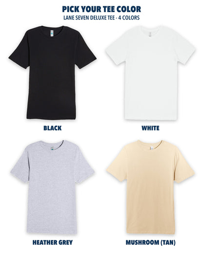 Lane Seven Deluxe Tee color guide: Black, White, Heather Grey and Mushroom (tan)