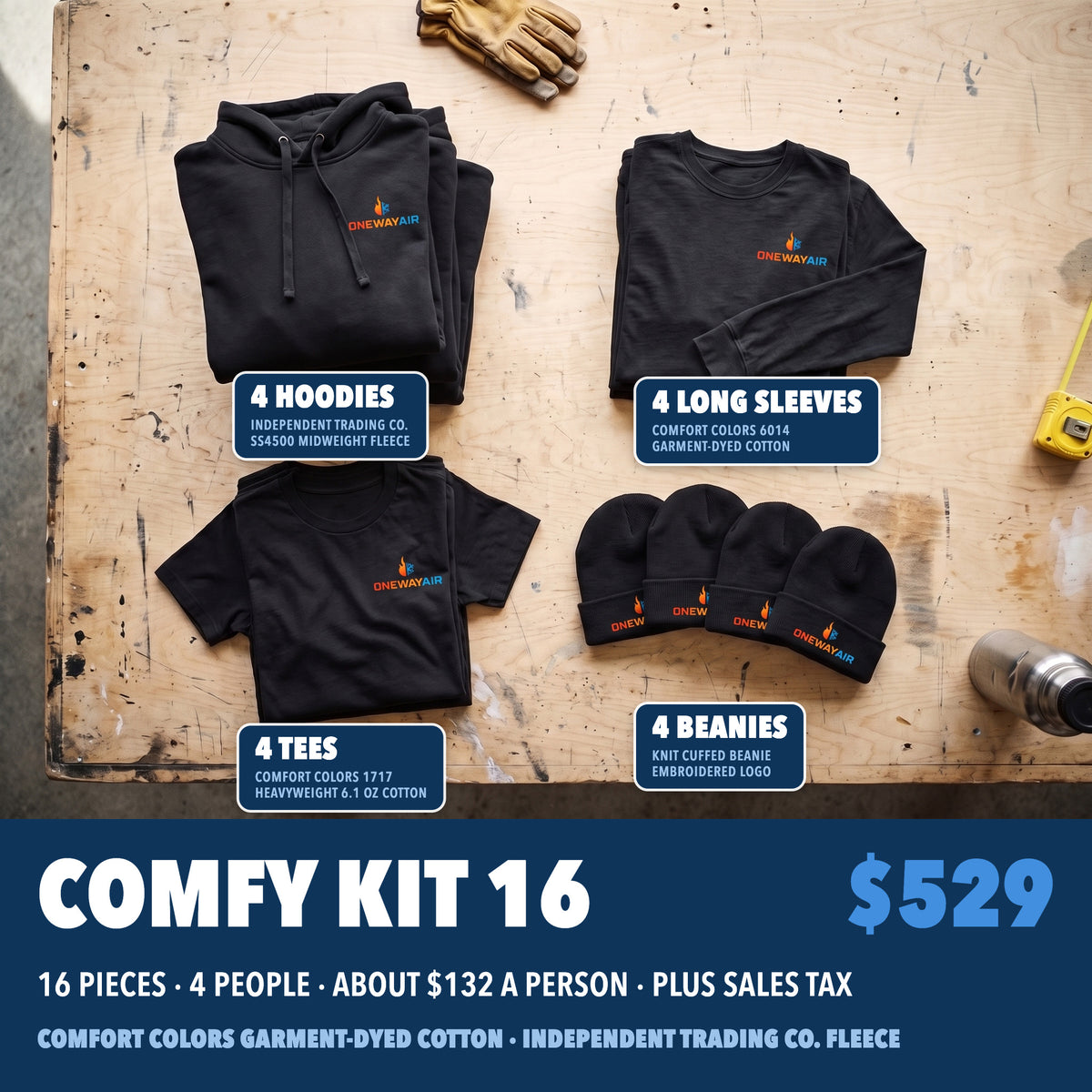 Comfy Kit 16 in black: 4 Independent Trading Co. hoodies, 4 Comfort Colors long sleeves, 4 Comfort Colors tees and 4 knit beanies, each with a company logo, $529