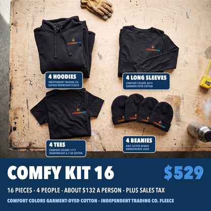 Comfy Kit 16 in black: 4 Independent Trading Co. hoodies, 4 Comfort Colors long sleeves, 4 Comfort Colors tees and 4 knit beanies, each with a company logo, $529