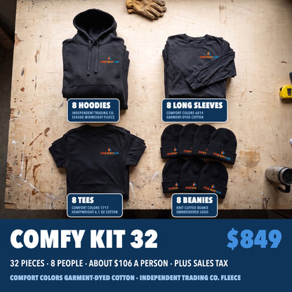 Comfy Kit 32 in black: 8 Independent Trading Co. hoodies, 8 Comfort Colors long sleeves, 8 Comfort Colors tees and 8 knit beanies, each with a company logo, $849