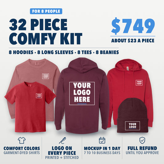 Comfy Kit 32: 32 pieces for 8 people, $749, about $23 a piece. 8 Independent Trading Co. hoodies, 8 Comfort Colors long sleeves, 8 Comfort Colors tees and 8 knit beanies. Tees and long sleeves are printed, beanies are embroidered, hoodies are embroidered or printed. Shown in brick, red and maroon, with your logo here boxes on the left chest, a hoodie back and the beanie cuff.