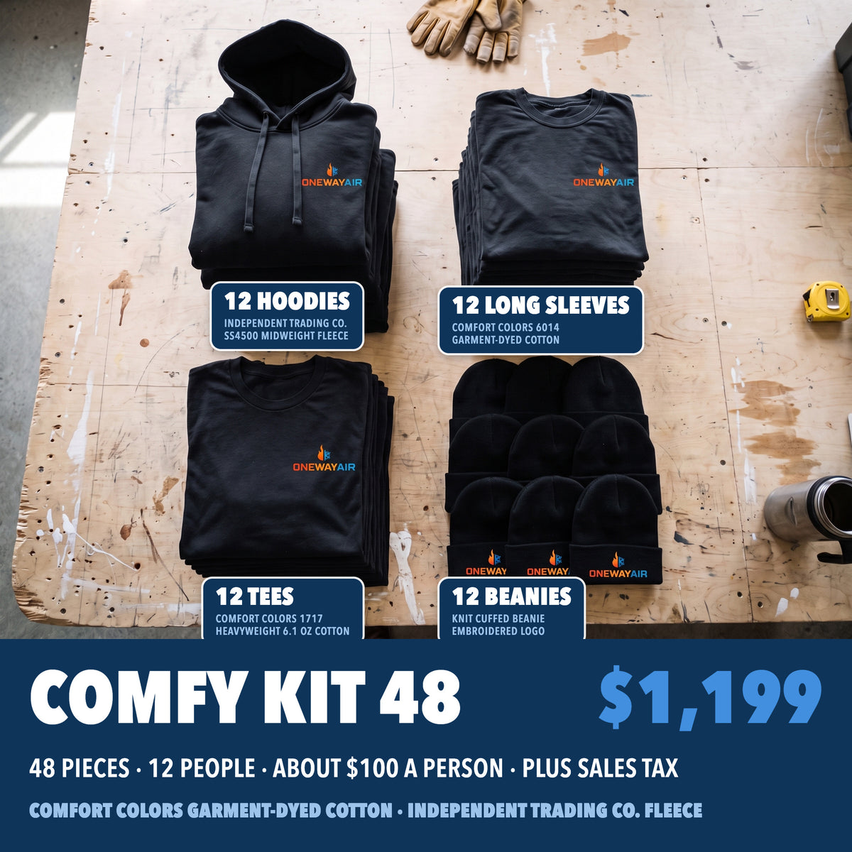 Comfy Kit 48 in black: 12 Independent Trading Co. hoodies, 12 Comfort Colors long sleeves, 12 Comfort Colors tees and 12 knit beanies, each with a company logo, $1,199