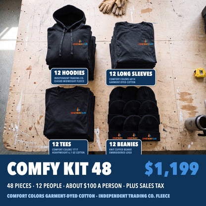 Comfy Kit 48 in black: 12 Independent Trading Co. hoodies, 12 Comfort Colors long sleeves, 12 Comfort Colors tees and 12 knit beanies, each with a company logo, $1,199