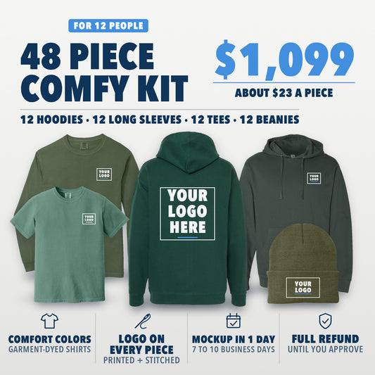 Comfy Kit 48: 48 pieces for 12 people, $1,099, about $23 a piece. 12 Independent Trading Co. hoodies, 12 Comfort Colors long sleeves, 12 Comfort Colors tees and 12 knit beanies. Tees and long sleeves are printed, beanies are embroidered, hoodies are embroidered or printed. Shown in hemp, light green, alpine green, forest green and olive, with your logo here boxes on the left chest, a hoodie back and the beanie cuff.