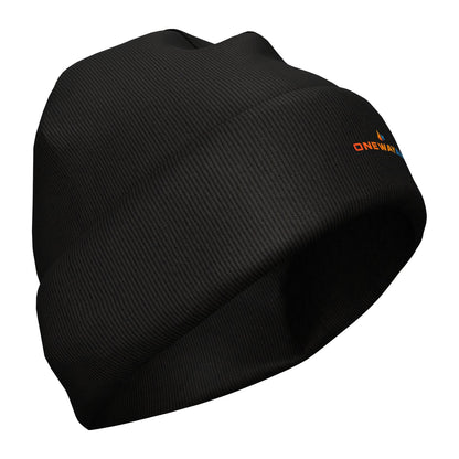 Knit cuffed beanie in black with a company logo embroidered on the cuff
