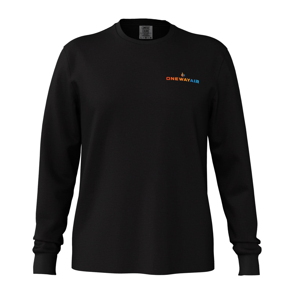 Comfort Colors 6014 garment-dyed long sleeve tee in black with a company logo printed on the left chest