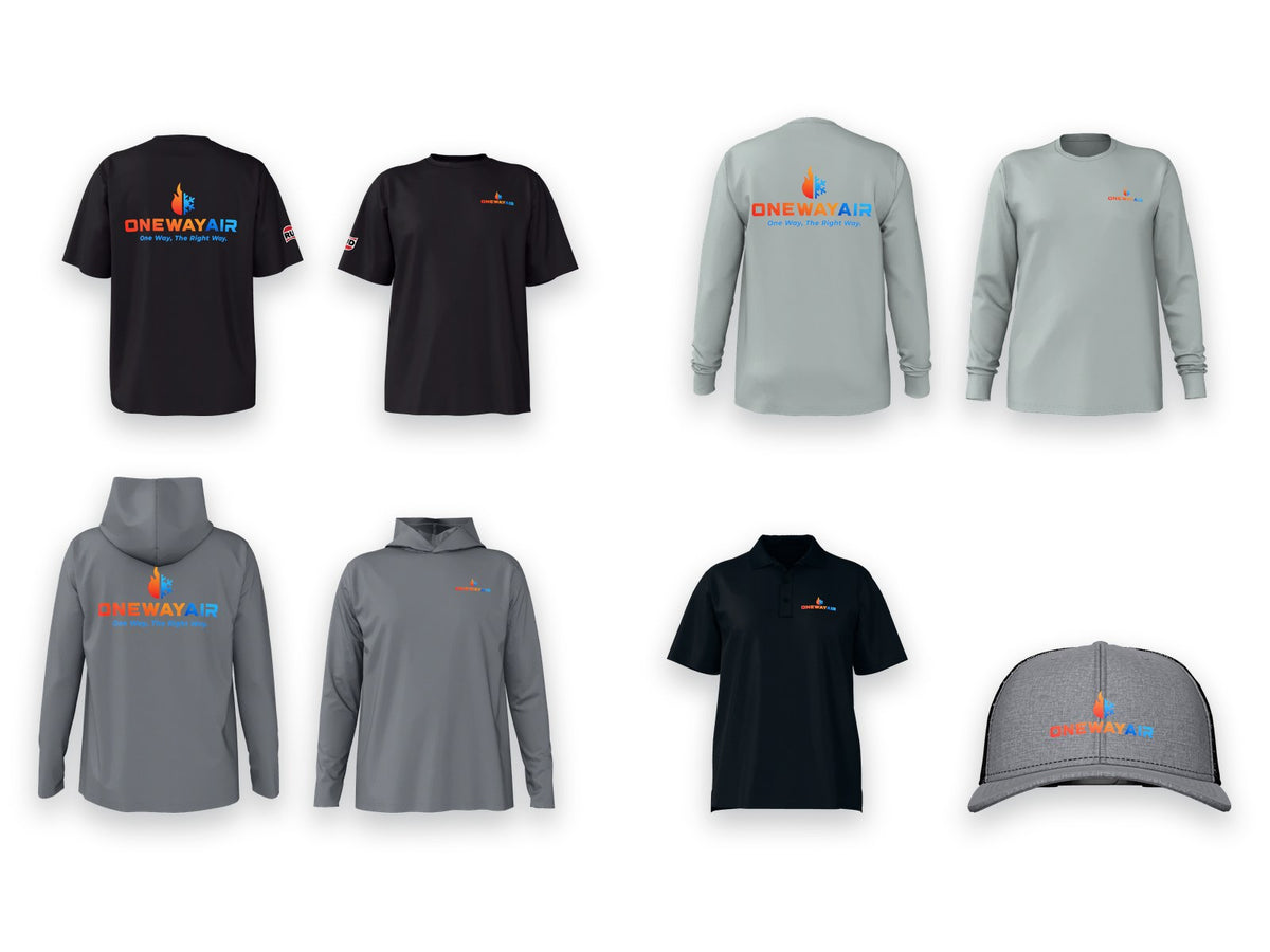 A complete crew kit with the same company logo on every piece: black tee, grey long sleeve and grey hooded tee each shown back and front, plus a black polo and a grey cap.