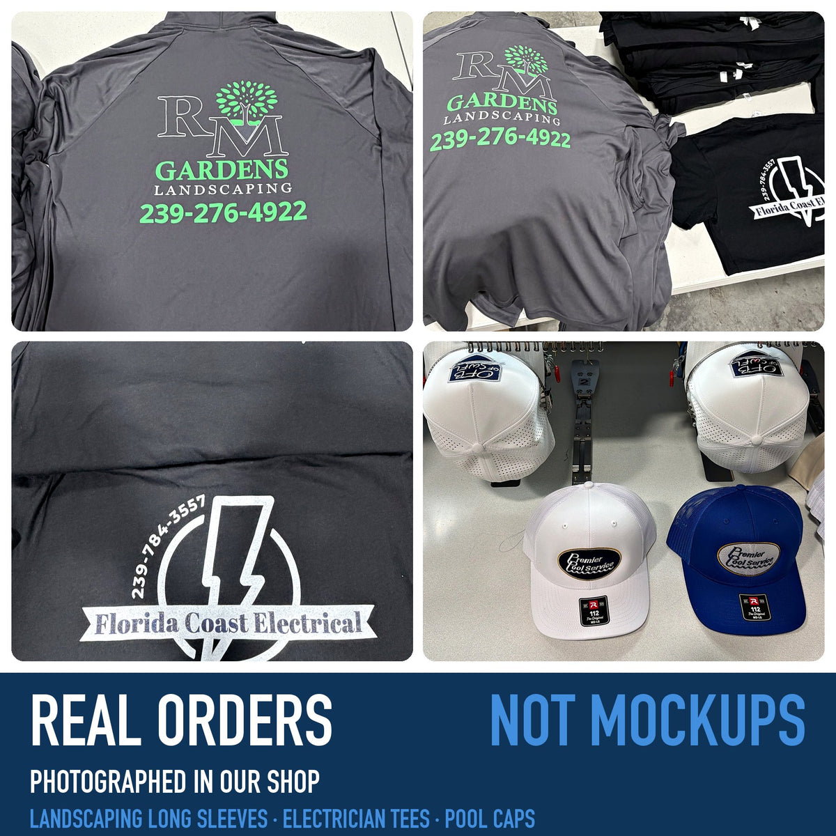 Real orders from our shop: landscaping long sleeves, electrician tees and pool service caps