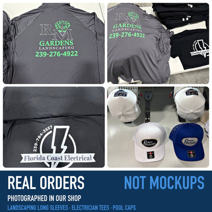 Real orders from our shop: landscaping long sleeves, electrician tees and pool service caps