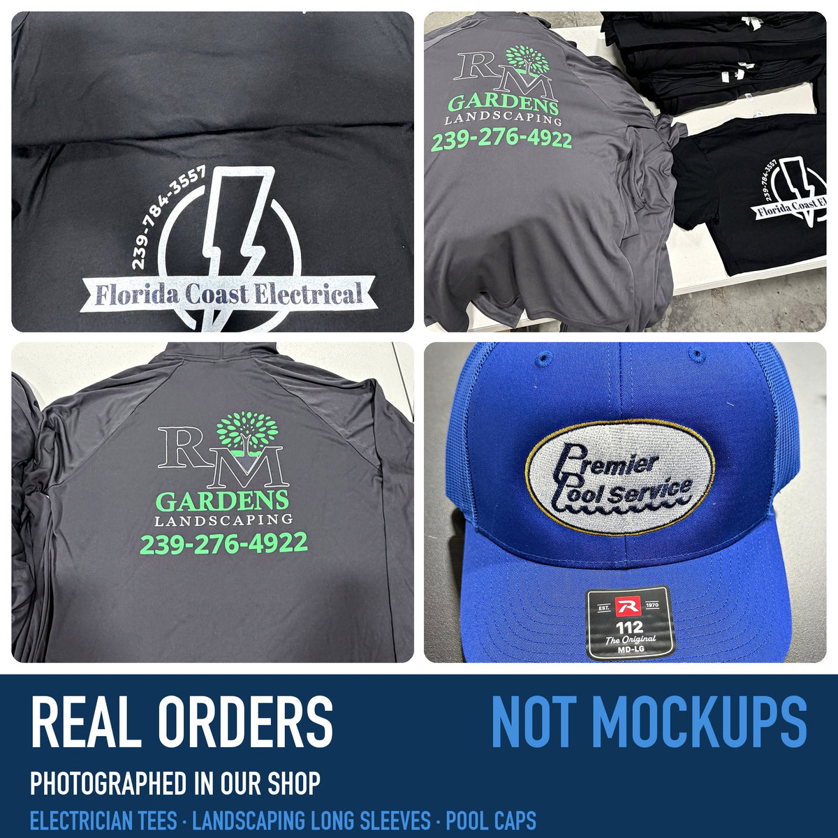 Real orders from our shop: electrician tees, landscaping long sleeves and pool service caps