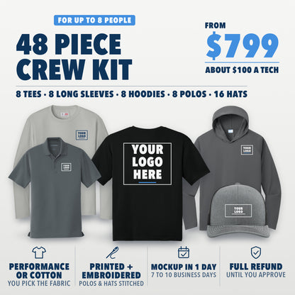 Crew Kit 48: 48 pieces for up to 8 people from $799, about $100 a person. 8 tees, 8 long sleeves, 8 hoodies, 8 polos and 16 hats, printed and embroidered. Shown in grey and black, with your logo here boxes on the left chest, a big back and the hat front.