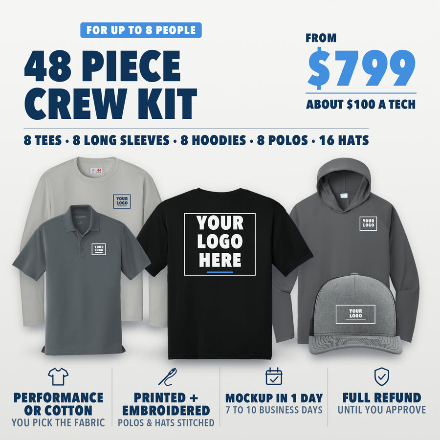 Crew Kit 48: 48 pieces for up to 8 people from $799, about $100 a person. 8 tees, 8 long sleeves, 8 hoodies, 8 polos and 16 hats, printed and embroidered. Shown in grey and black, with your logo here boxes on the left chest, a big back and the hat front.