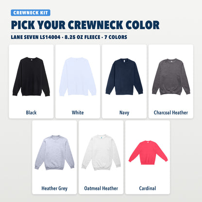 Crewneck Kit colors: Black, White, Navy, Charcoal Heather, Heather Grey, Oatmeal Heather, Cardinal