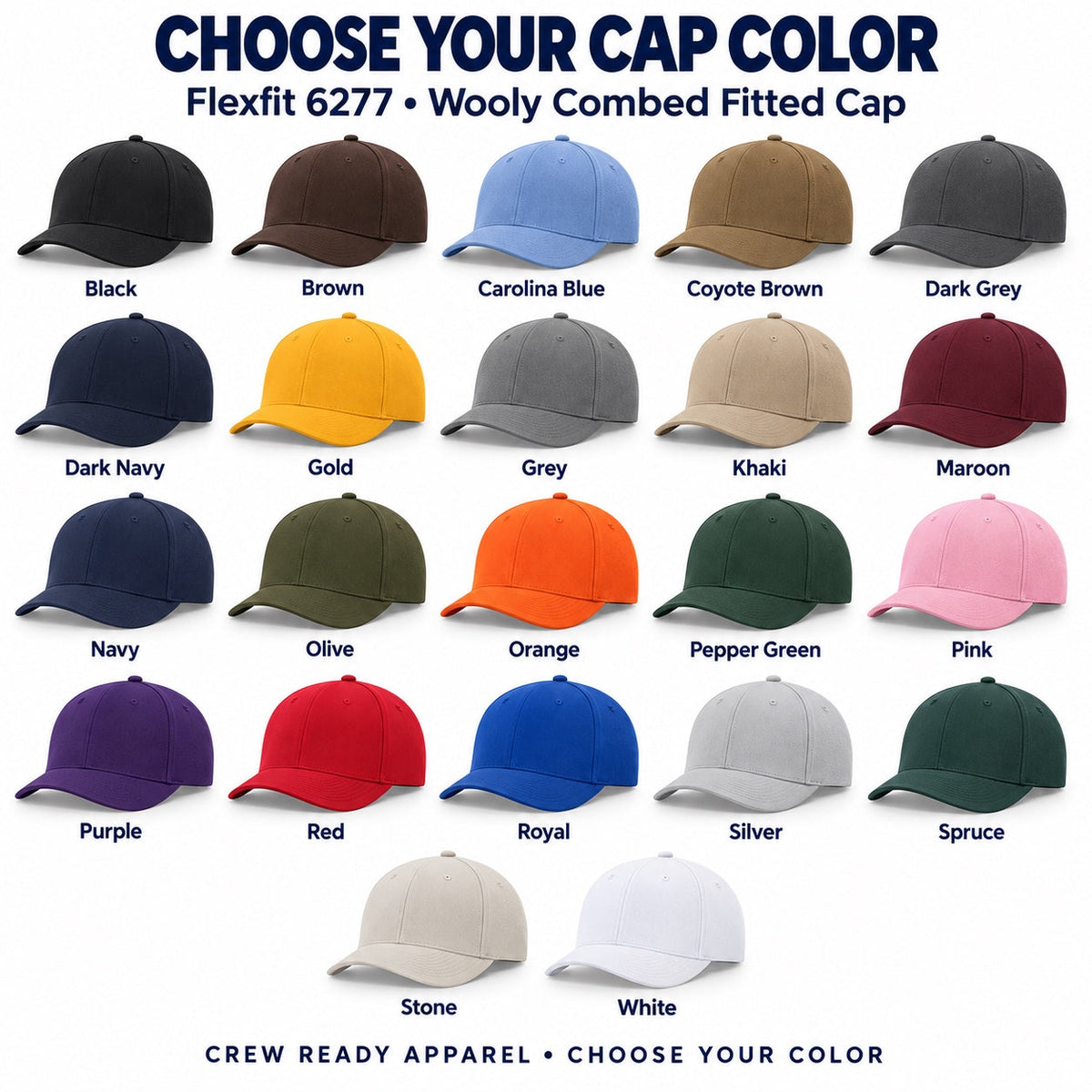 Flexfit 6277 fitted cap color guide showing all 22 colors, with each cap and color name
