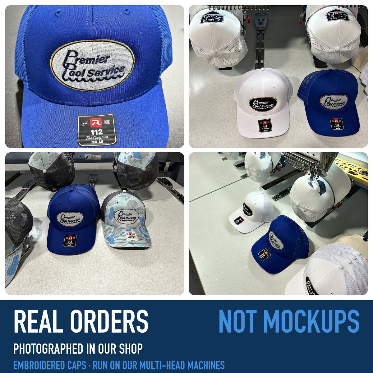 Real orders from our shop: embroidered pool service caps and our multi-head embroidery machines