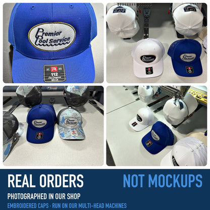 Real orders from our shop: embroidered pool service caps and our multi-head embroidery machines