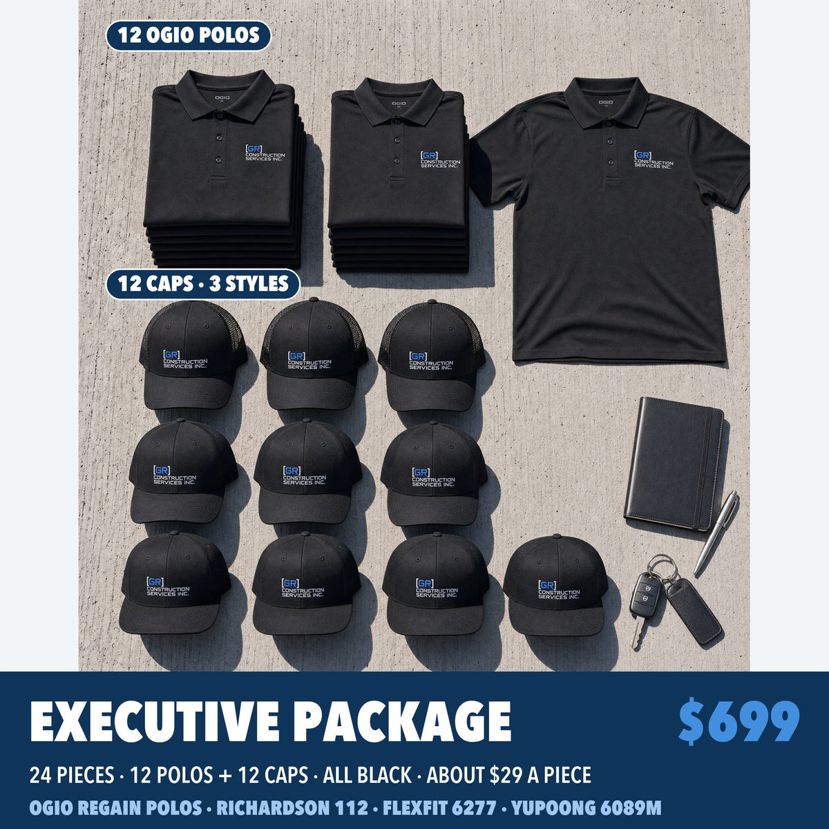 Executive Package contents: 12 black OGIO Regain polos and 12 black caps (Richardson 112, Flexfit 6277, Yupoong 6089M) with the logo embroidered
