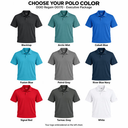OGIO Regain OG170 polo color guide: Blacktop, Arctic Mist, Cobalt Blue, Fusion Blue, Petrol Grey, River Blue Navy, Signal Red, Tarmac Grey and White. Executive Package includes left-chest logo embroidery.