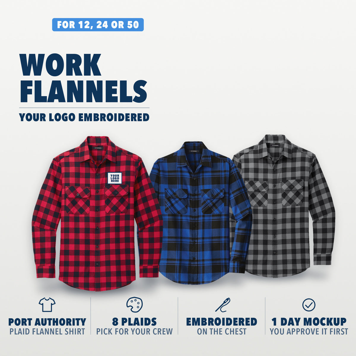 Work Flannels kit: Port Authority plaid flannel shirts with your logo embroidered on the chest