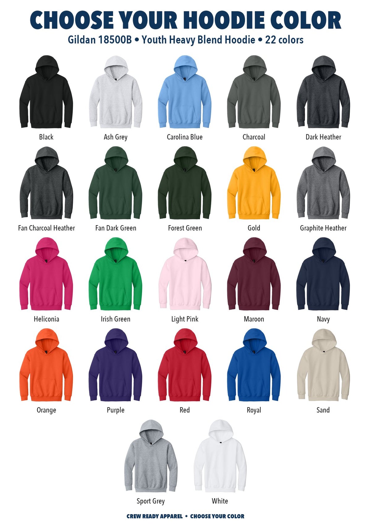 Gildan Youth Heavy Blend Hoodie color chart