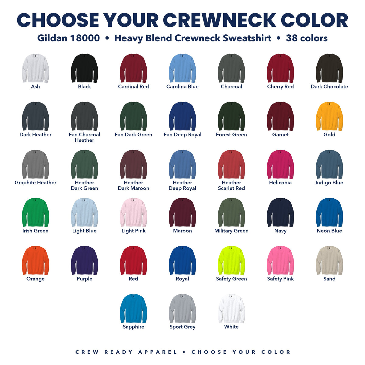 Gildan 18000 color guide showing all 38 colors