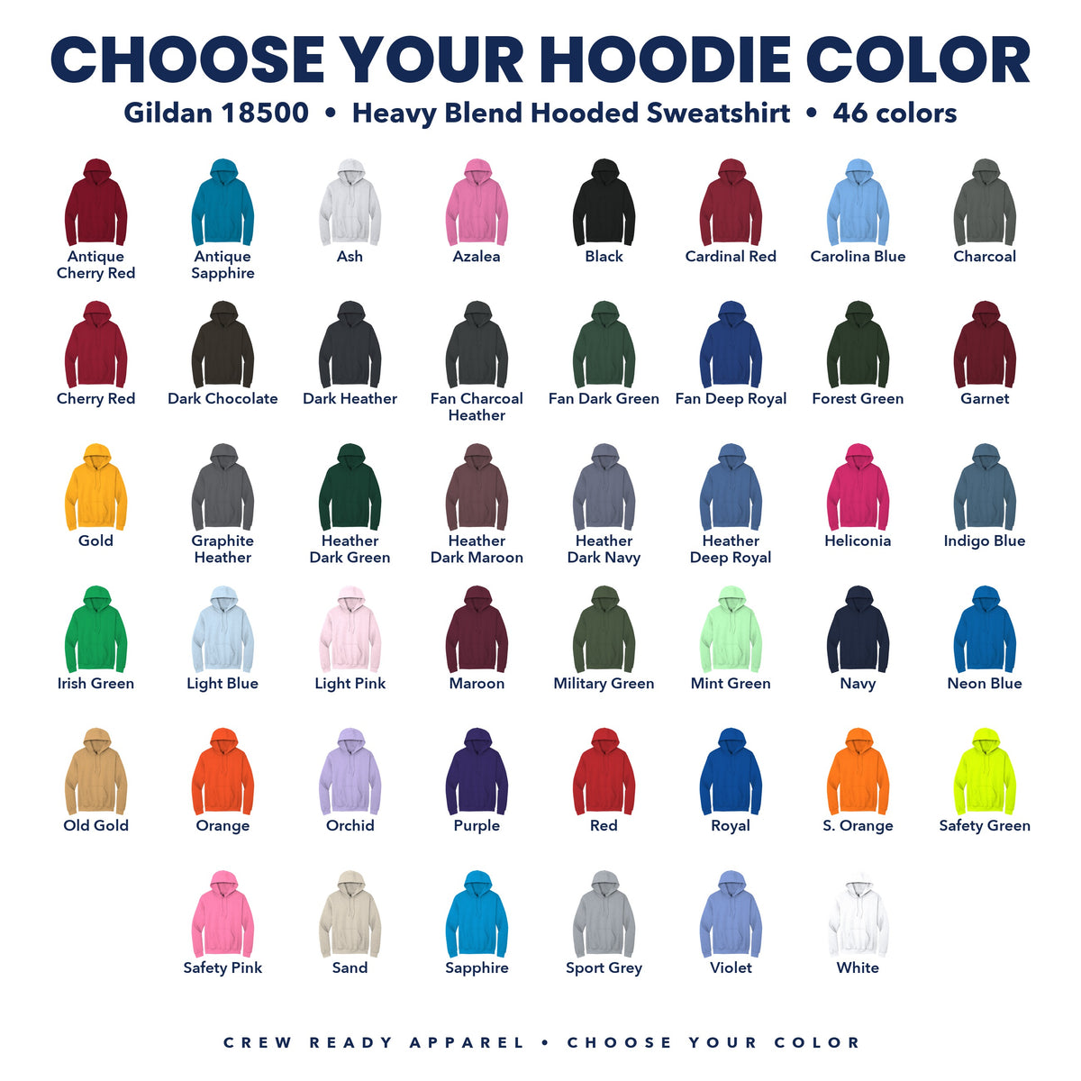 Gildan 18500 color guide showing all 46 colors