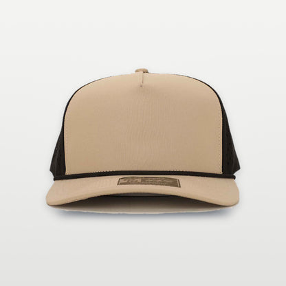 10/10 5 Panel rope hat in Tan/Black with black rope, front