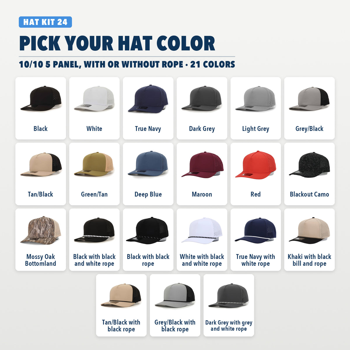 10/10 5 Panel hat colors, with or without rope, 21 colors