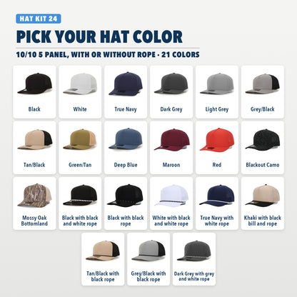 10/10 5 Panel hat colors, with or without rope, 21 colors