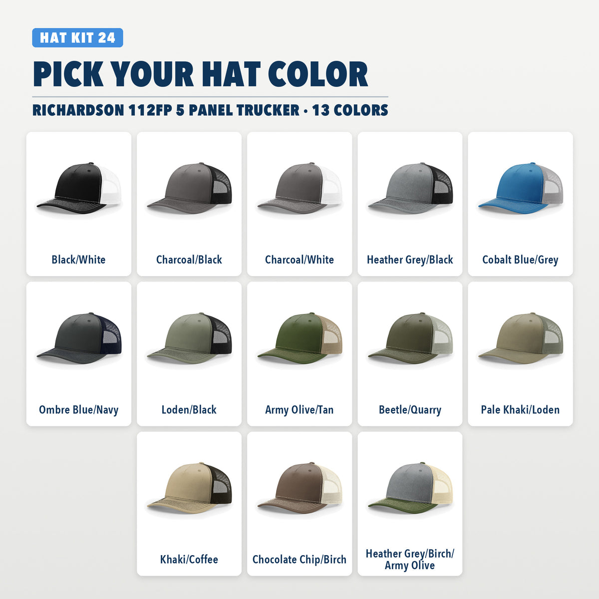 Richardson 112FP hat colors, 13 colors