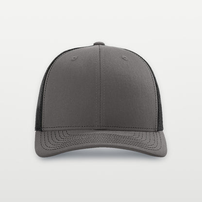 Richardson 112 trucker hat in Charcoal/Black, front