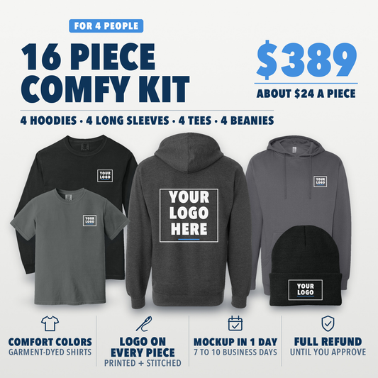 Comfy Kit 16: 16 pieces for 4 people, $389, about $24 a piece. 4 Independent Trading Co. hoodies, 4 Comfort Colors long sleeves, 4 Comfort Colors tees and 4 knit beanies. Tees and long sleeves are printed, beanies are embroidered, hoodies are embroidered or printed. Shown in black, pepper, charcoal and charcoal heather, with your logo here boxes on the left chest, a hoodie back and the beanie cuff.