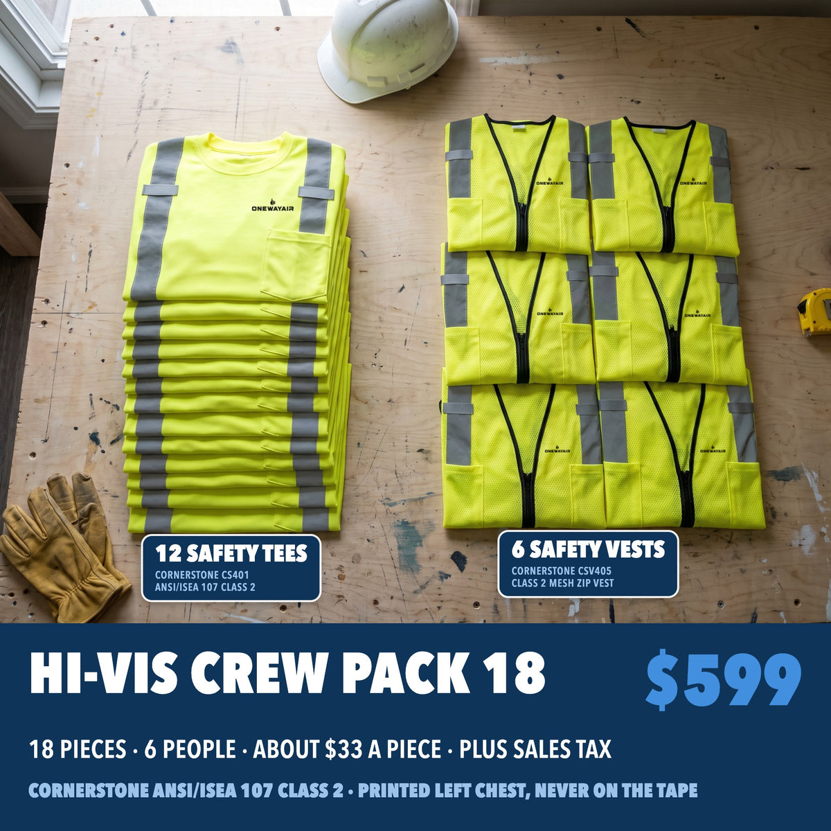 Hi-Vis Crew Pack 18: 12 CornerStone CS401 Class 2 safety tees and 6 CSV405 safety vests in safety yellow, each with a company logo printed on the left chest, $599