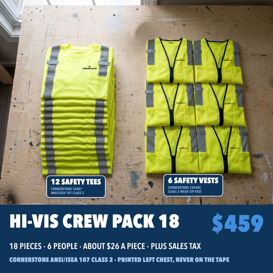 Hi-Vis Crew Pack 18: 12 CornerStone CS401 Class 2 safety tees and 6 CSV405 safety vests in safety yellow, each with a company logo printed on the left chest, $599