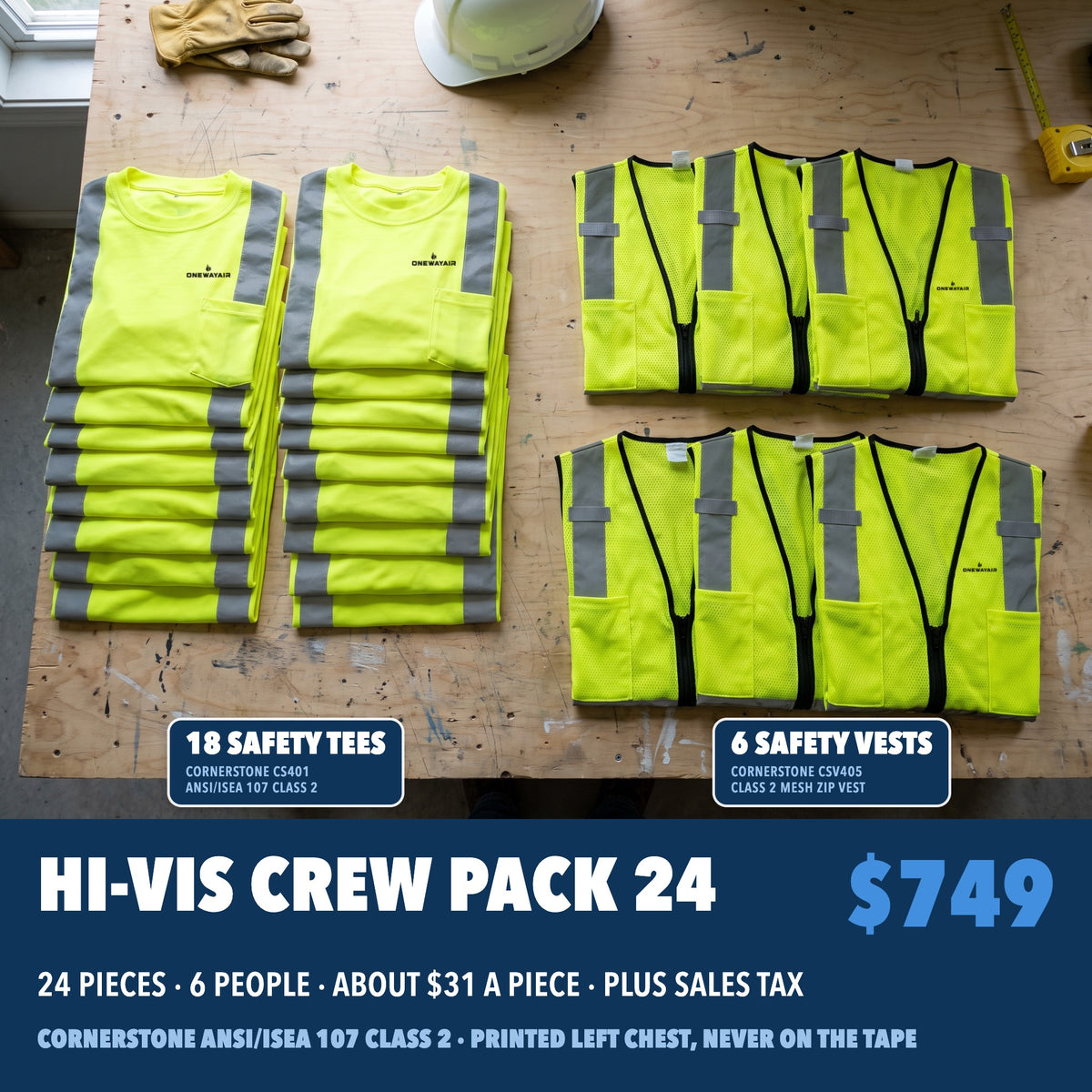 Hi-Vis Crew Pack 24: 18 CornerStone CS401 Class 2 safety tees and 6 CSV405 safety vests in safety yellow, each with a company logo printed on the left chest, $749