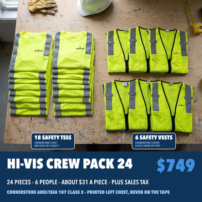 Hi-Vis Crew Pack 24: 18 CornerStone CS401 Class 2 safety tees and 6 CSV405 safety vests in safety yellow, each with a company logo printed on the left chest, $749